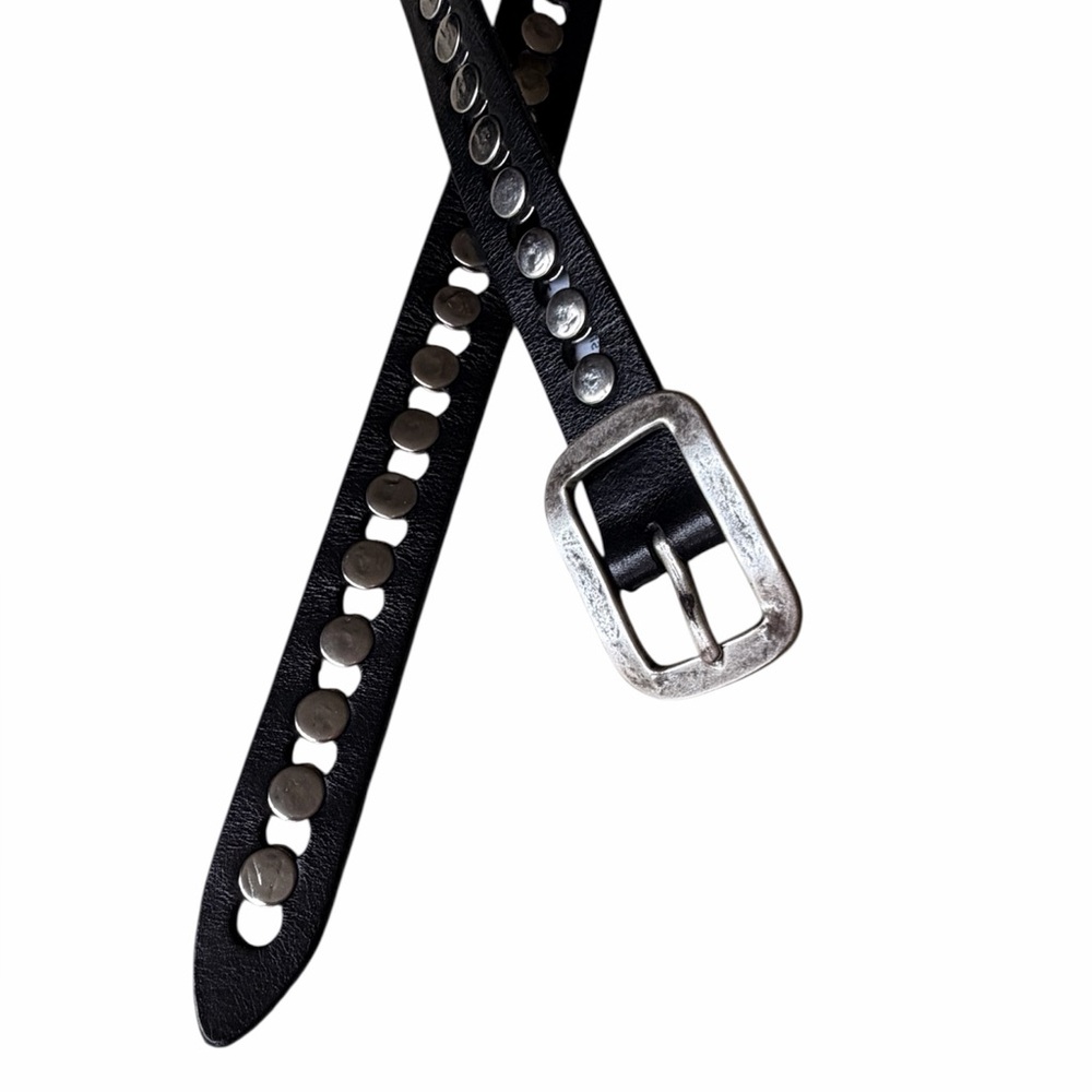 Black Studded Leather Belt with Silver Buckle - Picture 2 of 10